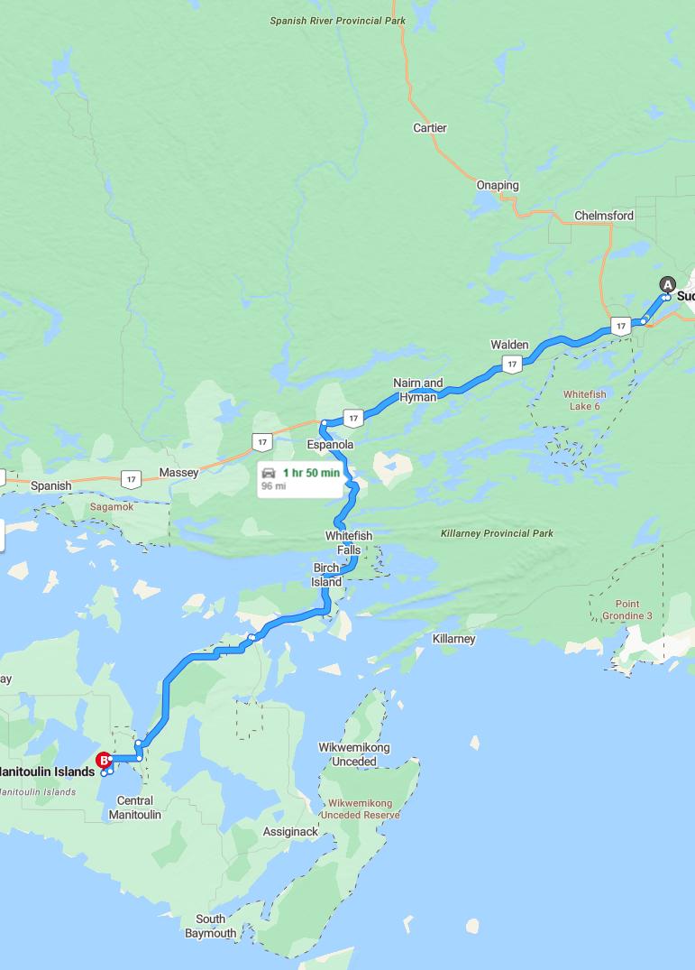 driving from Sudbury, Ontario to Manitoulin IslandOntario - map and route
