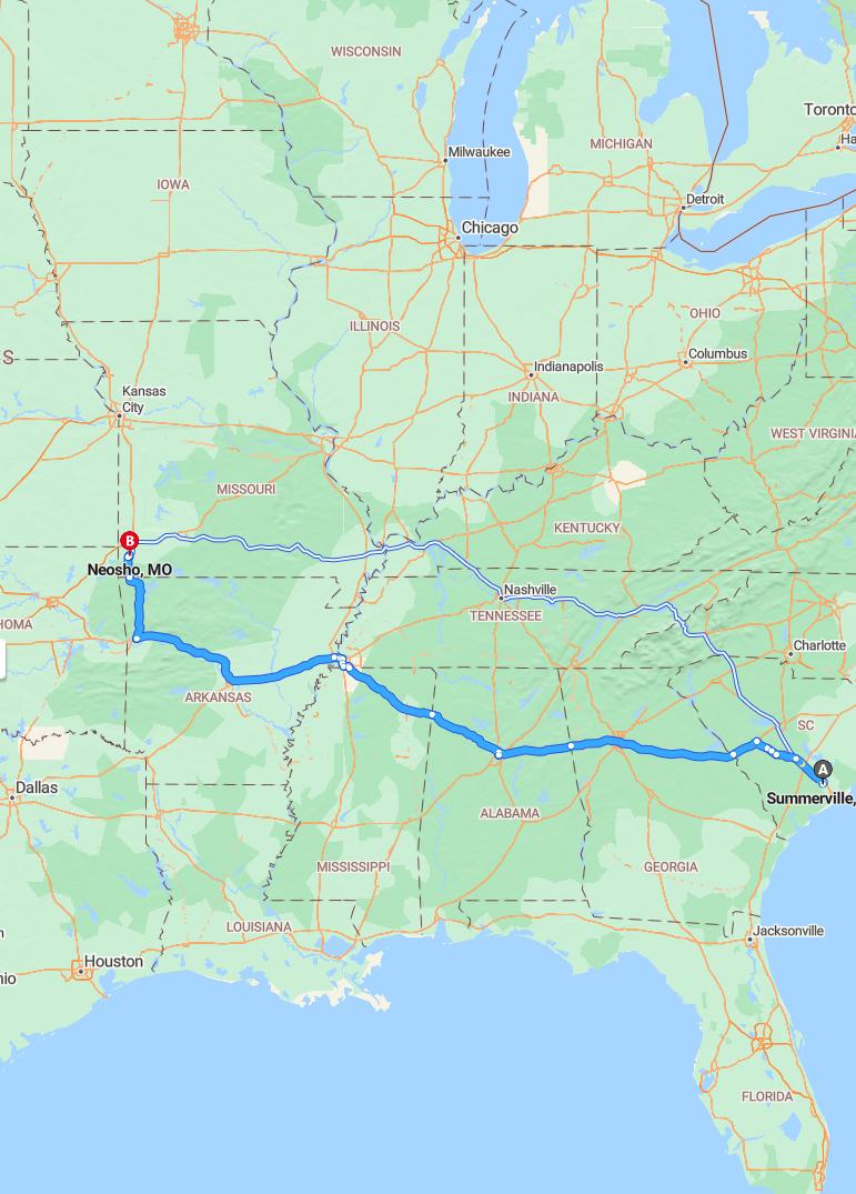 driving from Summerville, South Carolina to NeoshoMissouri - map and route