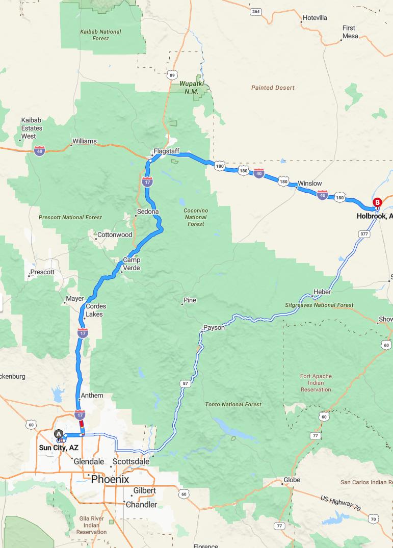 driving from Sun City, Arizona to HolbrookArizona - map and route