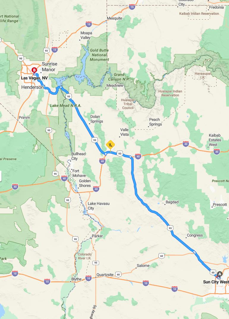 driving from Sun City West, Arizona to Las VegasNevada - map and route