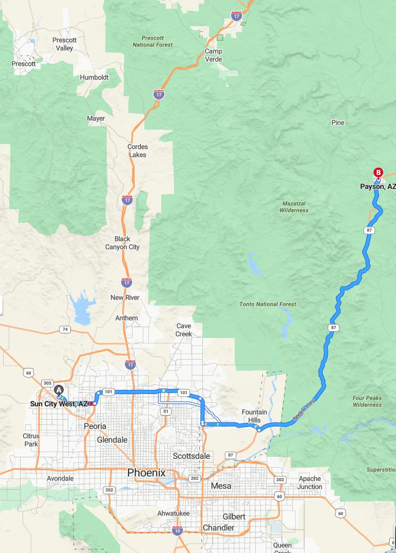 driving from Sun City West, Arizona to PaysonArizona - map and route