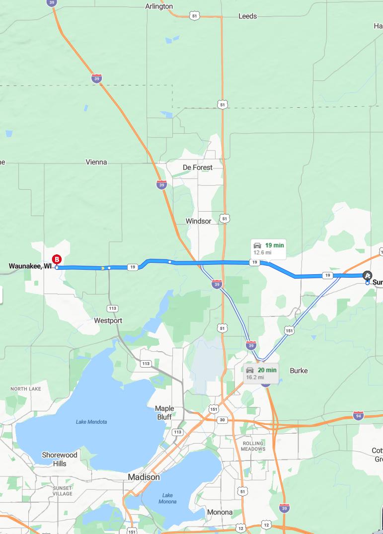 driving from Sun Prairie, Wisconsin to WaunakeeWisconsin - map and route