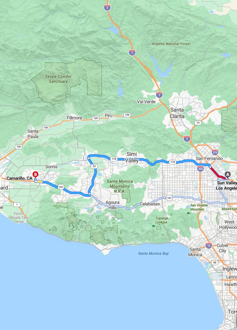driving from Sun Valley, California to CamarilloCalifornia - map and route