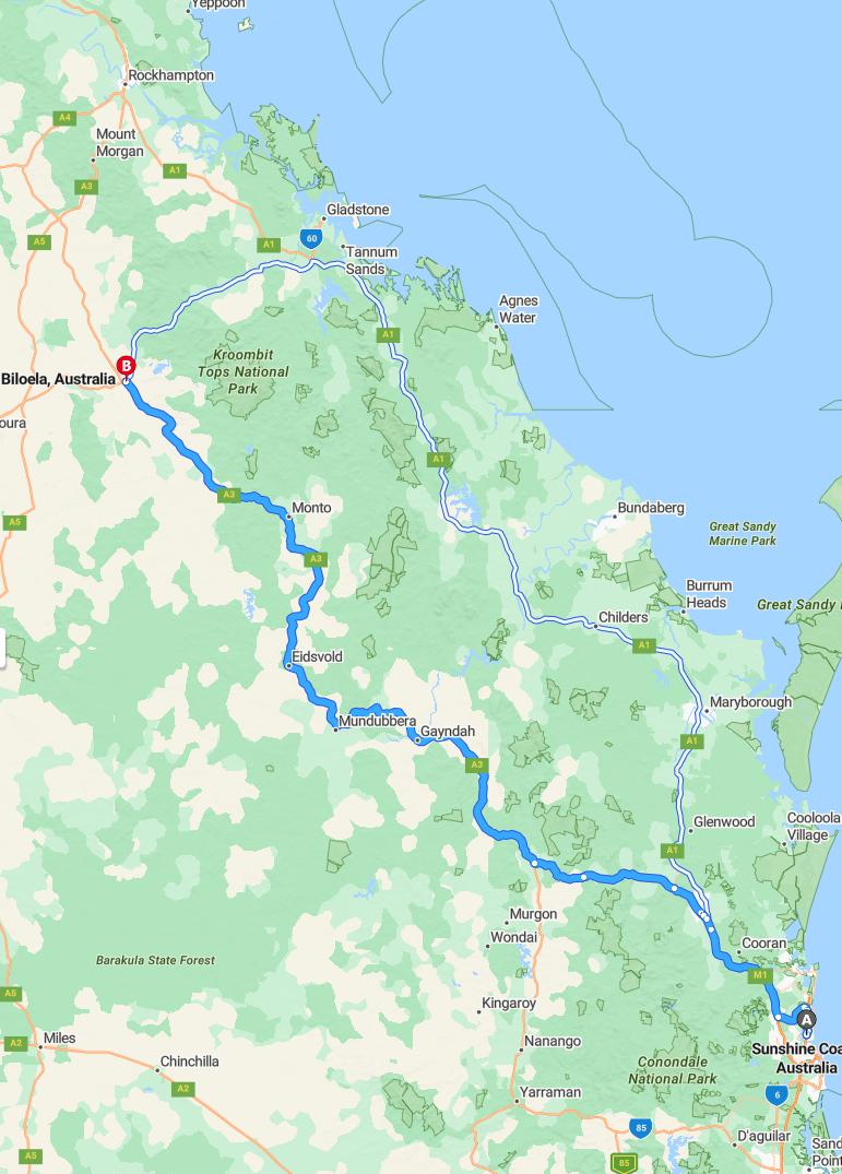 driving from Sunshine Coast, Queensland to BiloelaQueensland - map and route