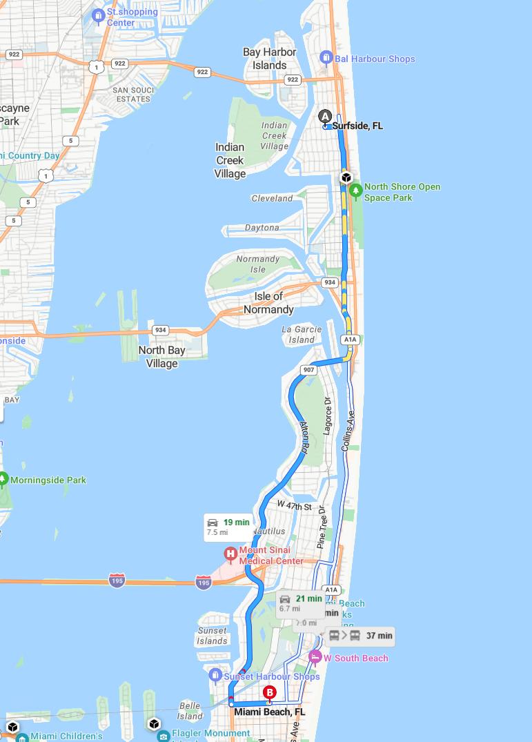 driving from Surfside, Florida to Miami BeachFlorida - map and route
