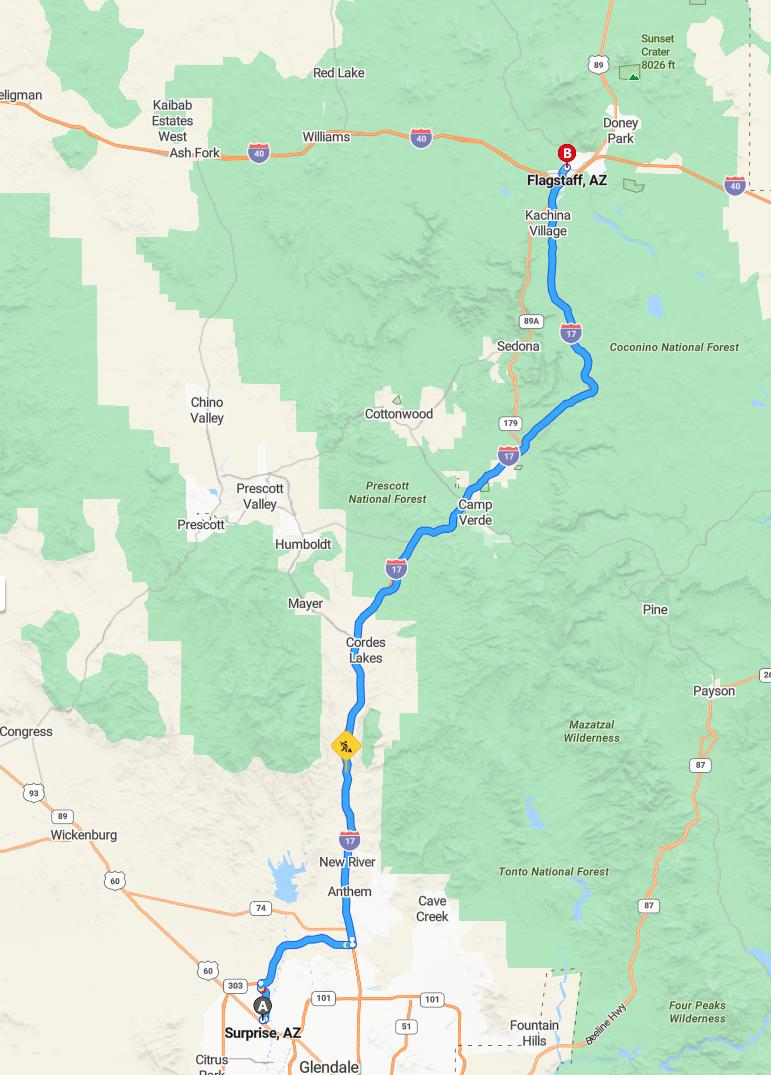 driving from Surprise, Arizona to FlagstaffArizona - map and route