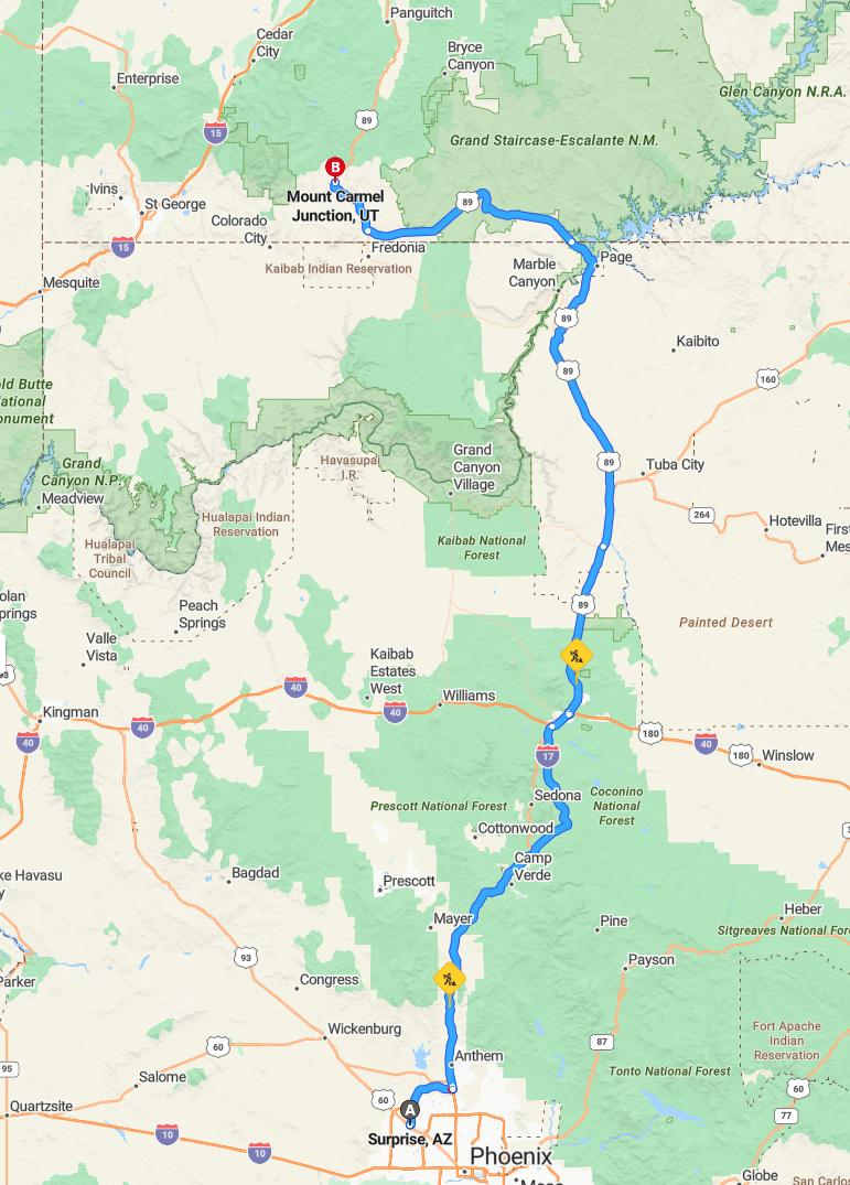 driving from Surprise, Arizona to Mount CarmelUtah - map and route