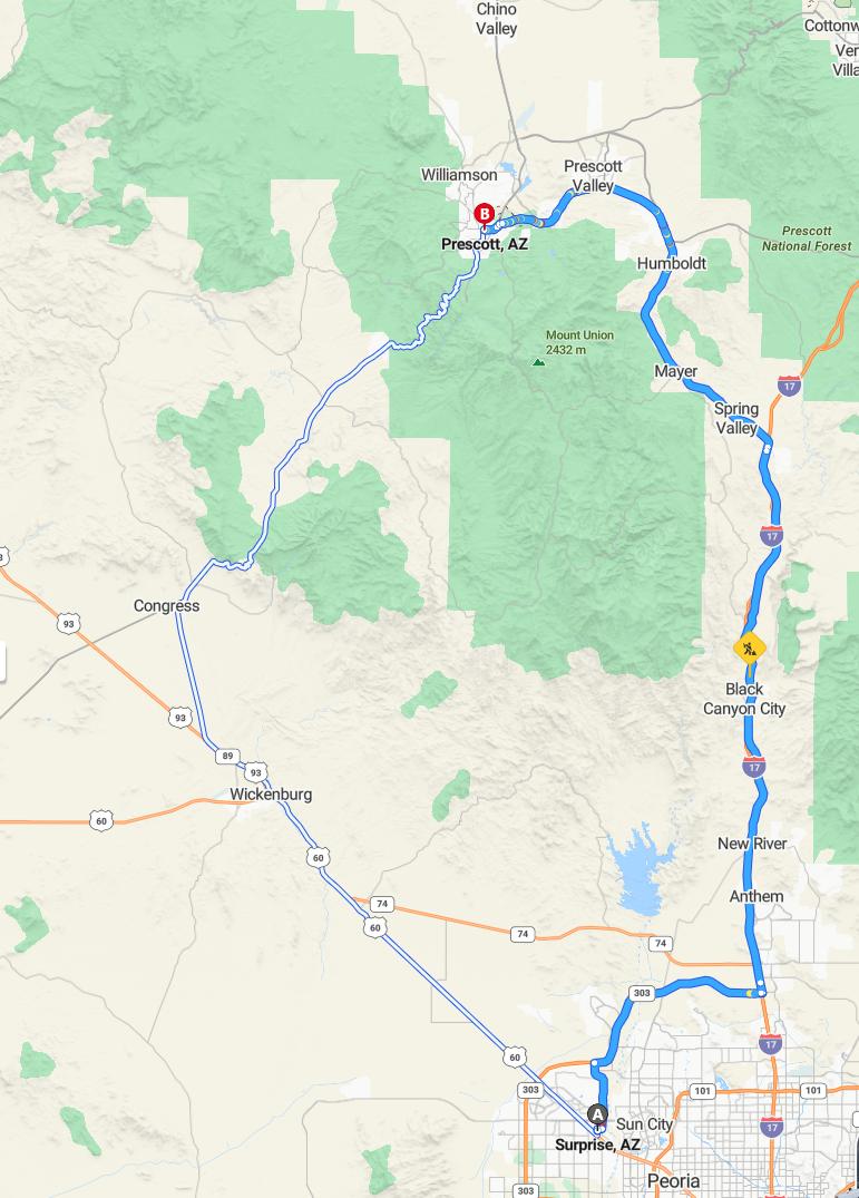 driving from Surprise, Arizona to PrescottArizona - map and route