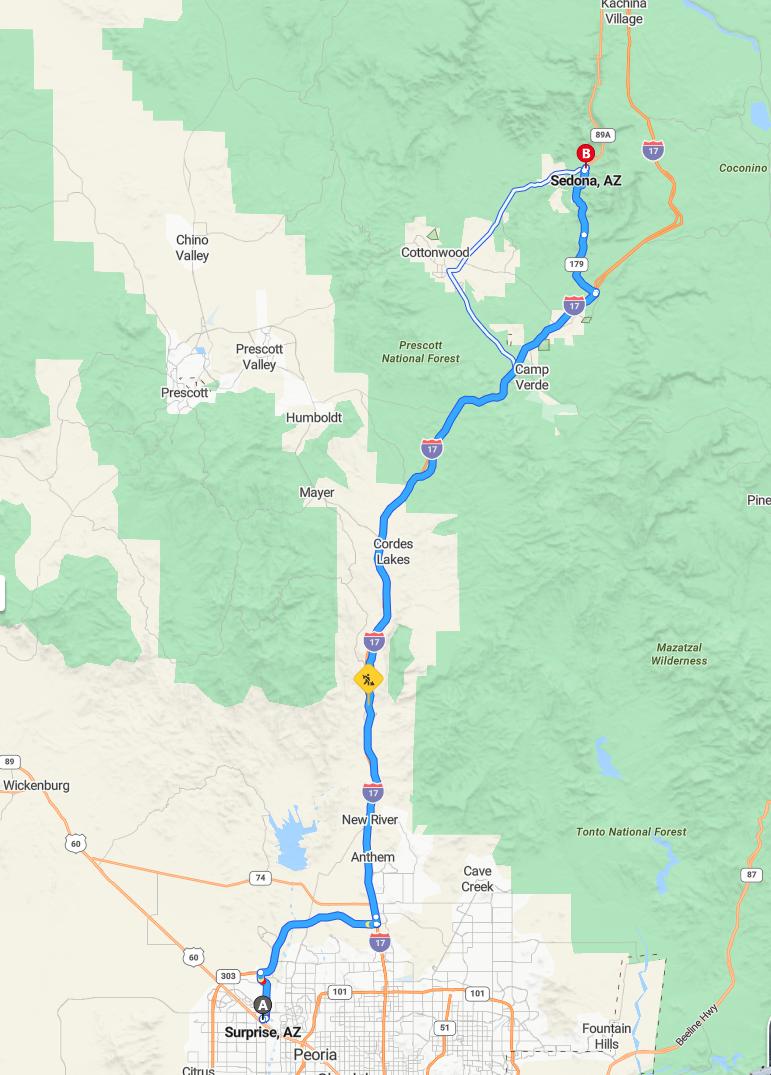 driving from Surprise, Arizona to SedonaArizona - map and route