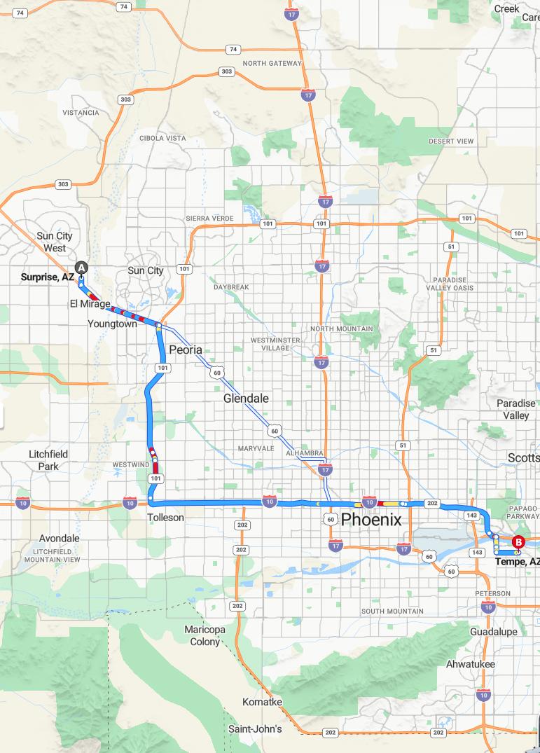 driving from Surprise, Arizona to TempeArizona - map and route