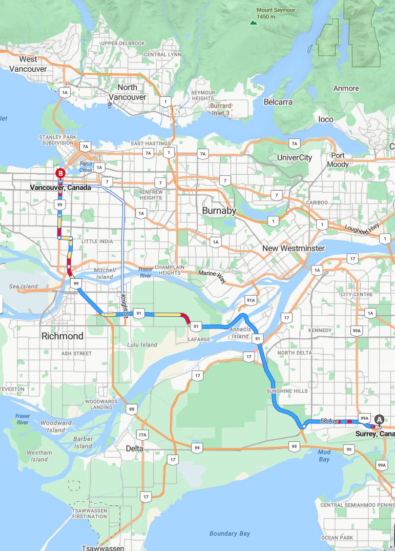 driving from Surrey, British Columbia to VancouverBritish Columbia - map and route