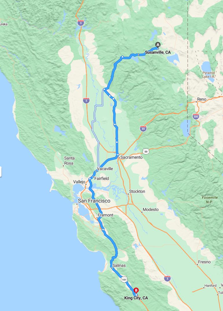 driving from Susanville, California to King CityCalifornia - map and route