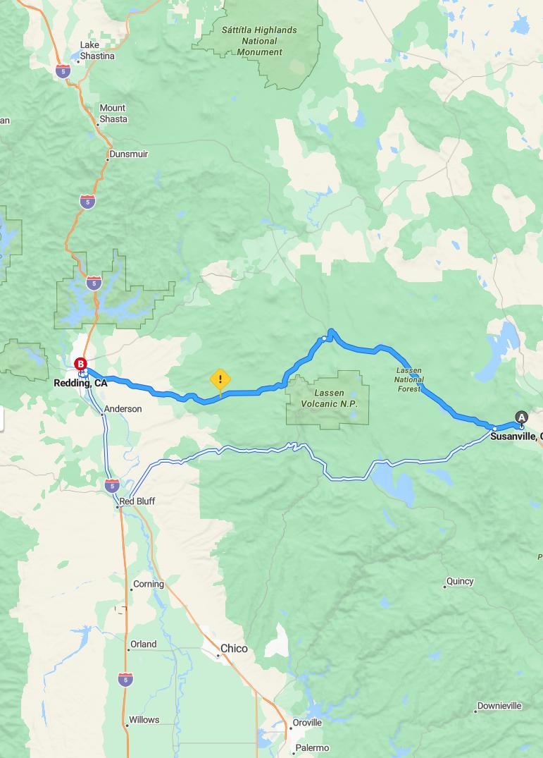 driving from Susanville, California to ReddingCalifornia - map and route