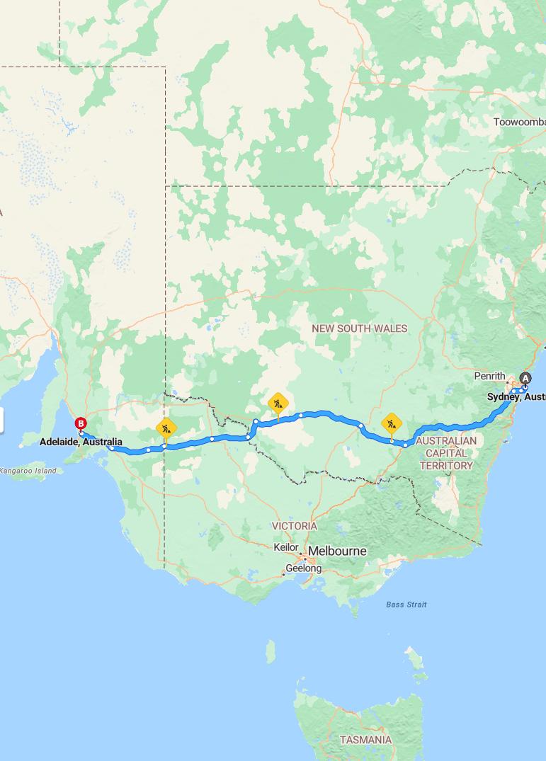 driving from Sydney, New South Wales to AdelaideSouth Australia - map and route