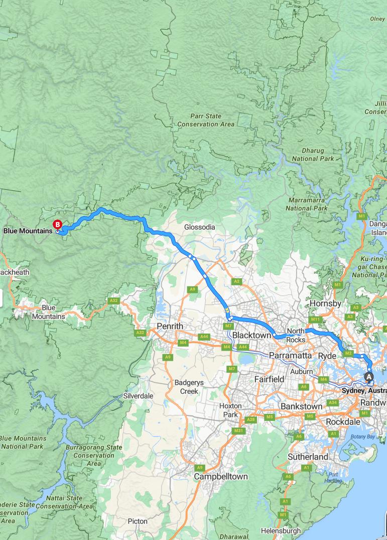 driving from Sydney, New South Wales to Blue MountainsNew South Wales - map and route