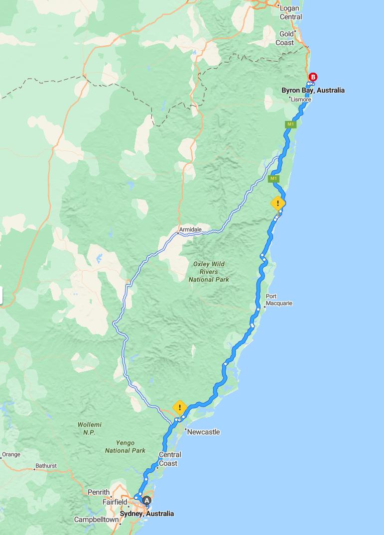 driving from Sydney, New South Wales to Byron BayNew South Wales - map and route