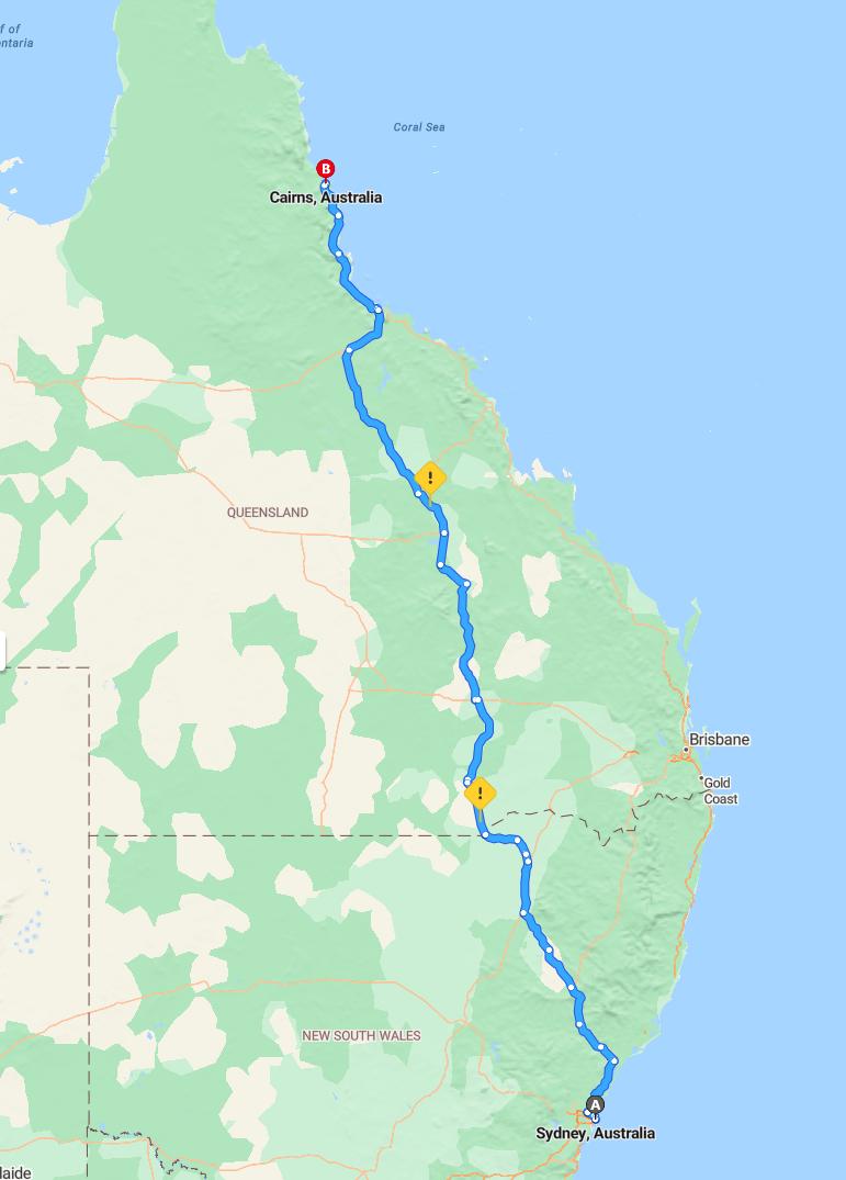 driving from Sydney, New South Wales to CairnsQueensland - map and route