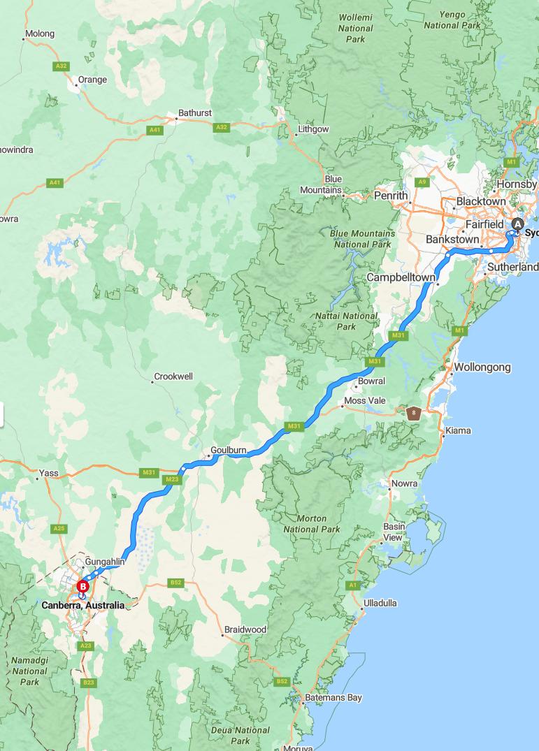 driving from Sydney, New South Wales to CanberraAustralian Capital Territory - map and route