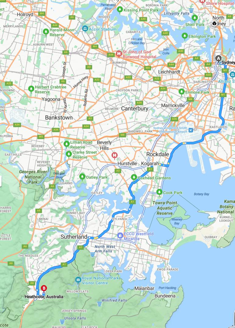 driving from Sydney, New South Wales to HeathcoteNew South Wales - map and route