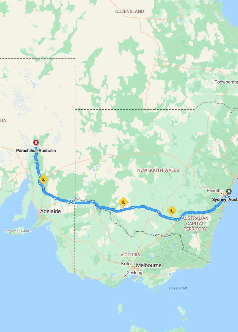 driving from Sydney, New South Wales to ParachilnaSouth Australia - map and route