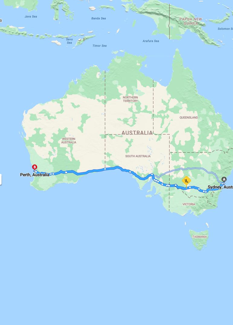 driving from Sydney, New South Wales to PerthWestern Australia - map and route