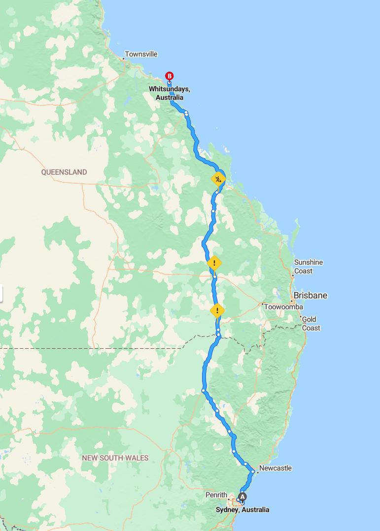 driving from Sydney, New South Wales to WhitsundayQueensland - map and route