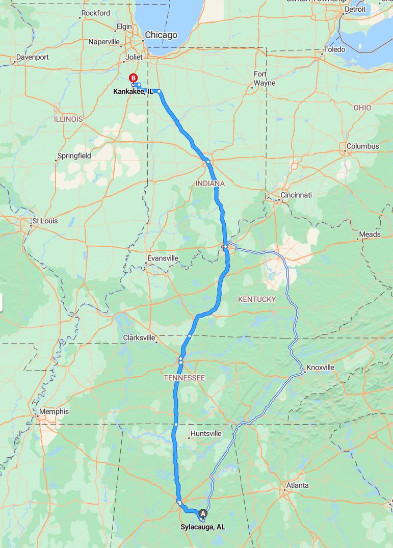 driving from Sylacauga, Alabama to KankakeeIllinois - map and route