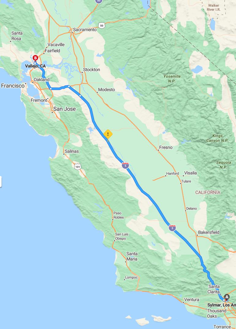 driving from Sylmar, California to VallejoCalifornia - map and route