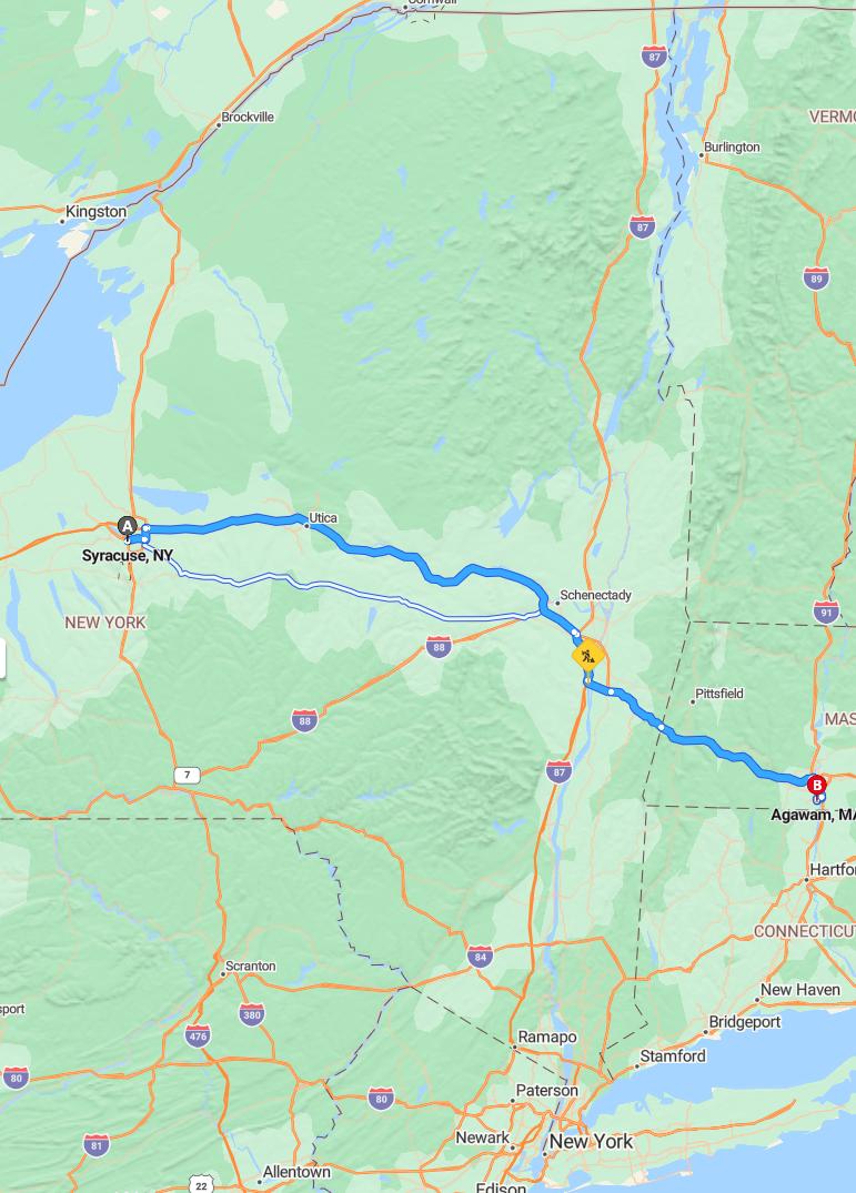 driving from Syracuse, New York to AgawamMassachusetts - map and route