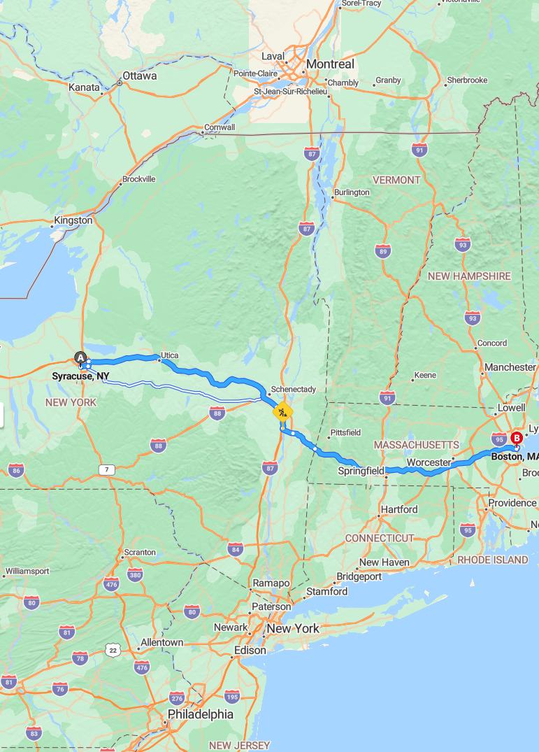driving from Syracuse, New York to BostonMassachusetts - map and route