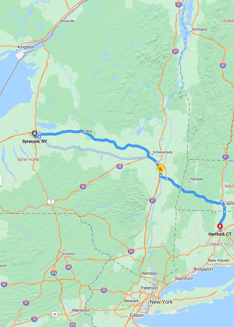 driving from Syracuse, New York to HartfordConnecticut - map and route