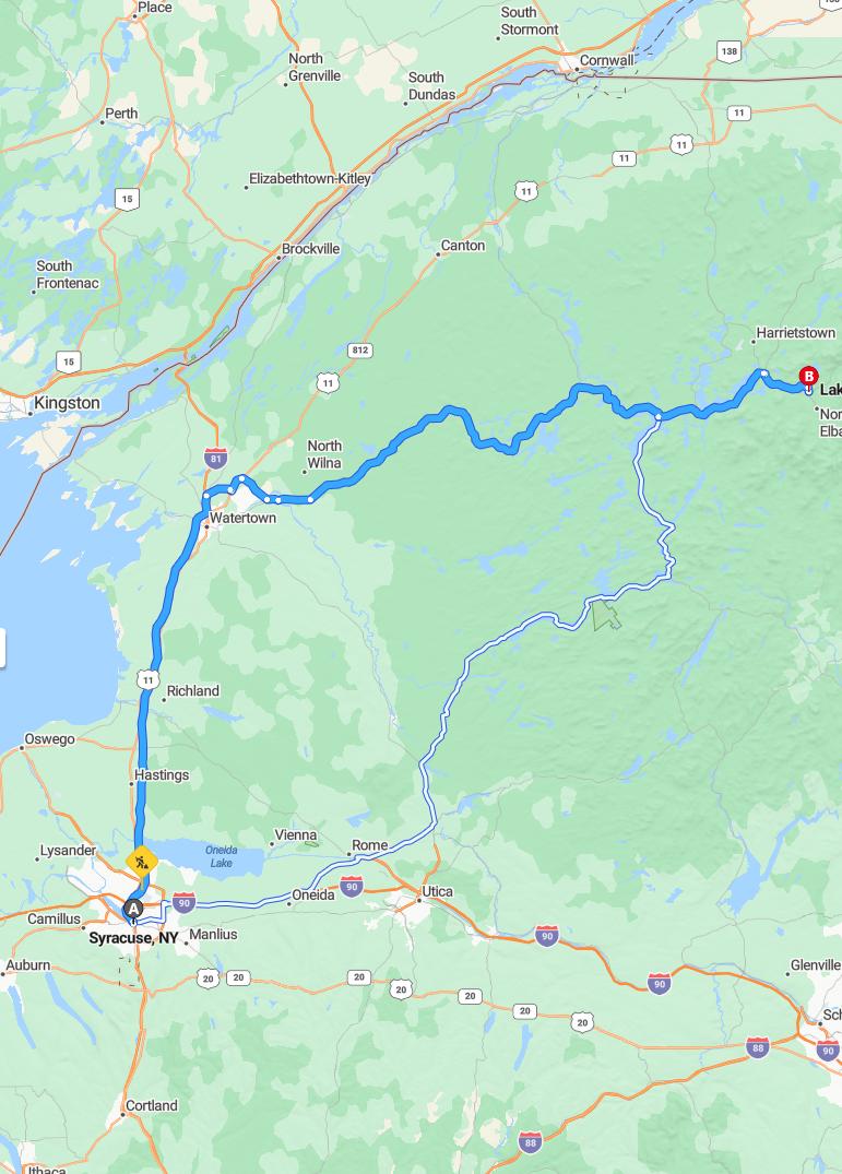 driving from Syracuse, New York to Lake PlacidNew York - map and route