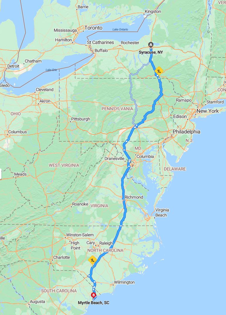 driving from Syracuse, New York to Myrtle BeachSouth Carolina - map and route