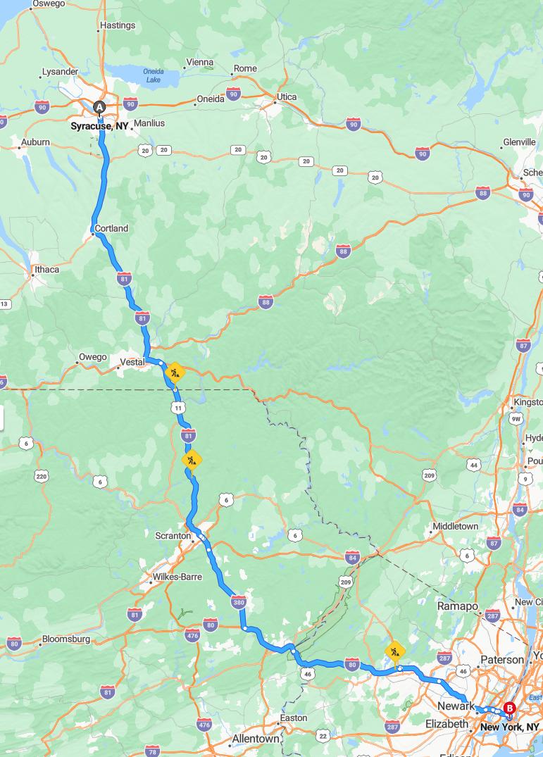 driving from Syracuse, New York to New York CityNew York - map and route