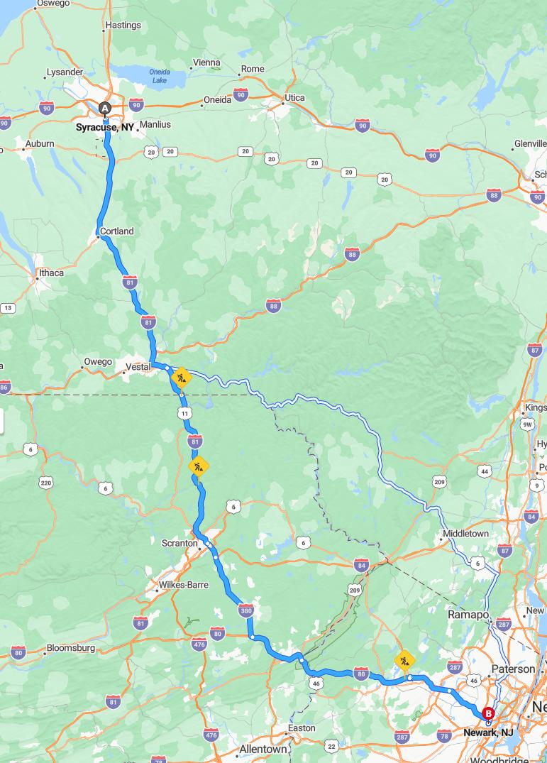 driving from Syracuse, New York to NewarkNew Jersey - map and route