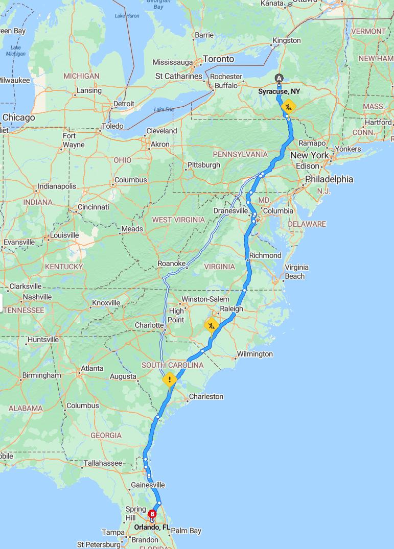 driving from Syracuse, New York to OrlandoFlorida - map and route