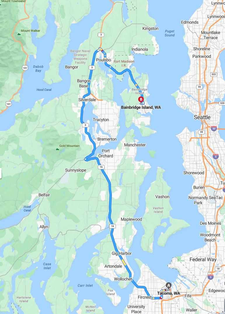 driving from Tacoma, Washington to Bainbridge IslandWashington - map and route