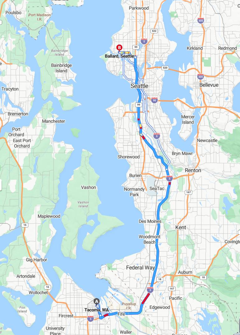 driving from Tacoma, Washington to BallardWashington - map and route