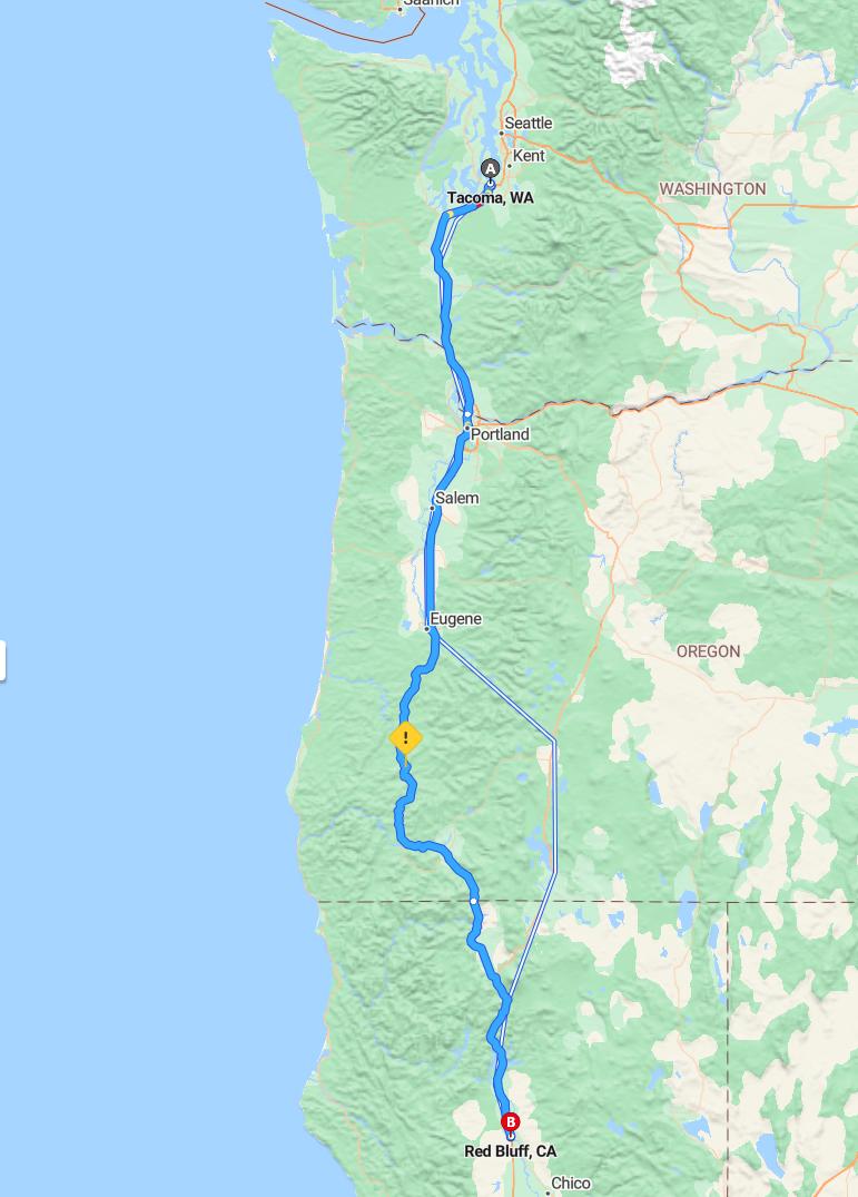driving from Tacoma, Washington to Red BluffCalifornia - map and route