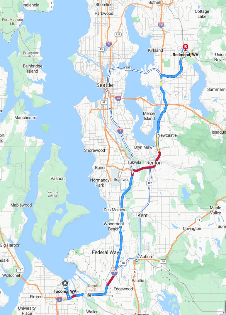 driving from Tacoma, Washington to RedmondWashington - map and route