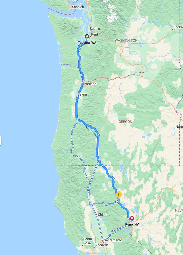 driving from Tacoma, Washington to RenoNevada - map and route