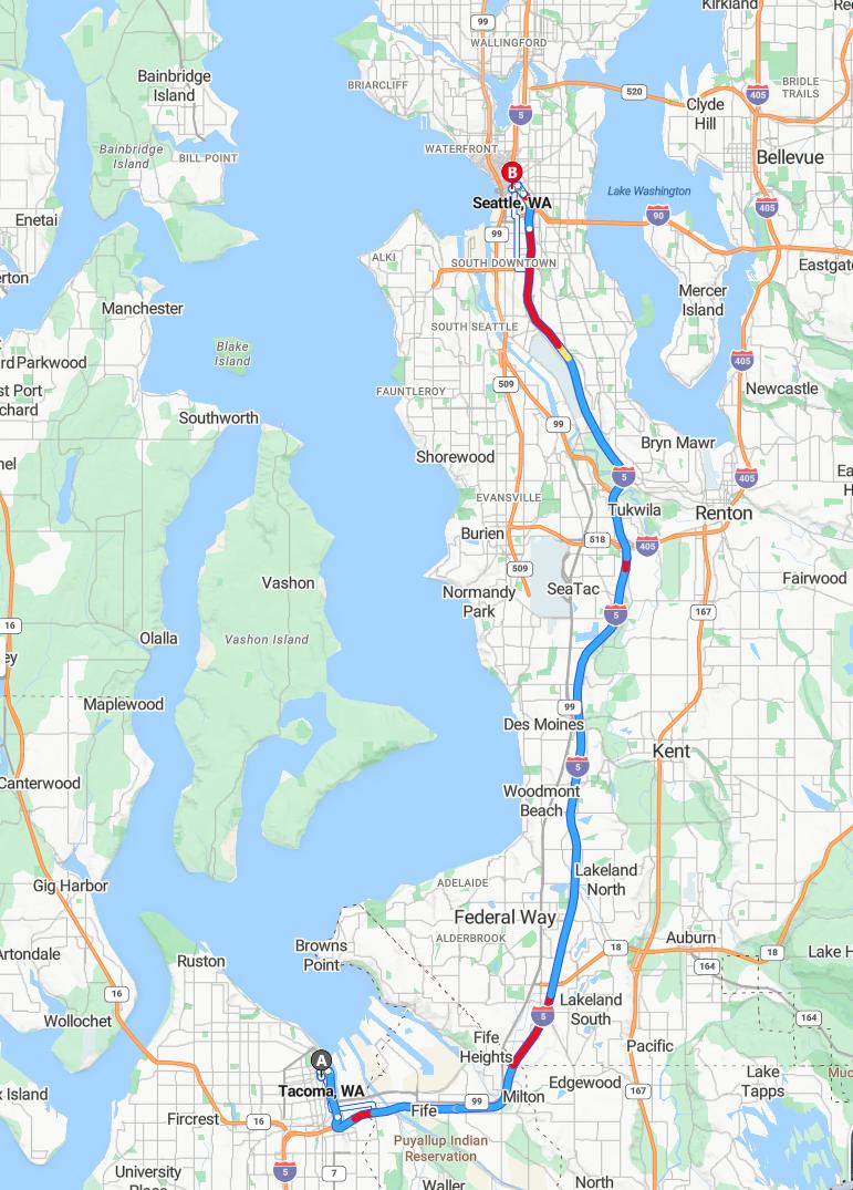 driving from Tacoma, Washington to SeattleWashington - map and route