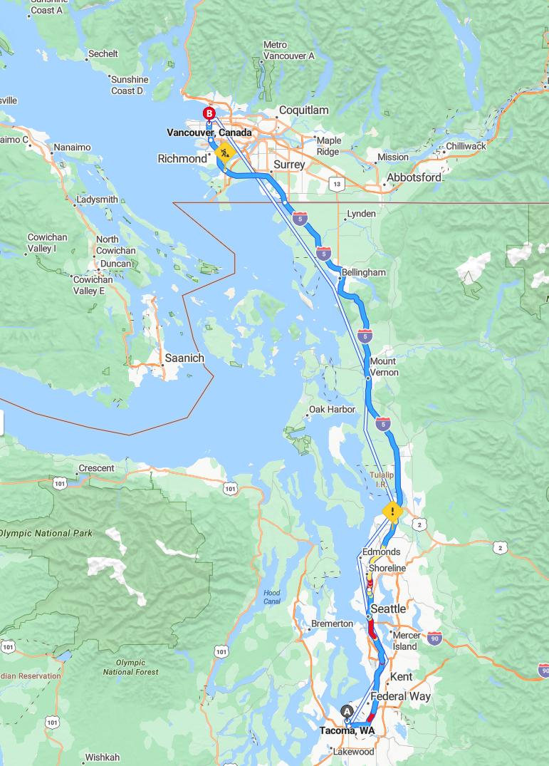 driving from Tacoma, Washington to VancouverBritish Columbia - map and route