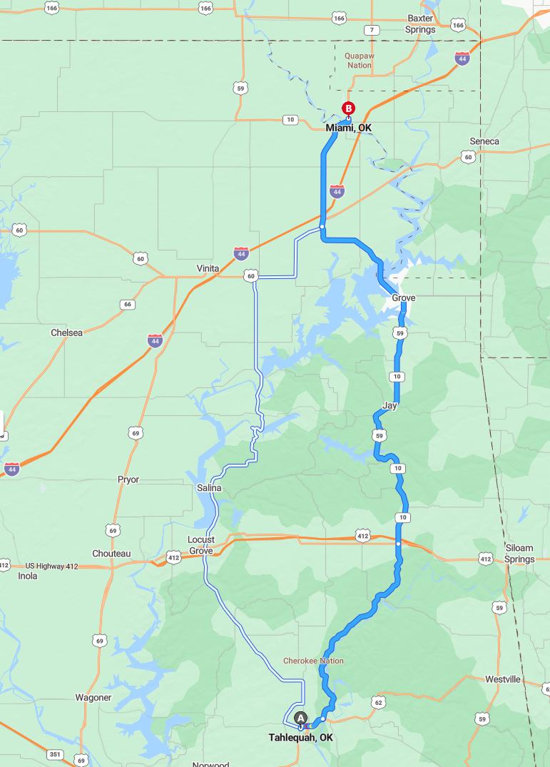 driving from Tahlequah, Oklahoma to MiamiOklahoma - map and route