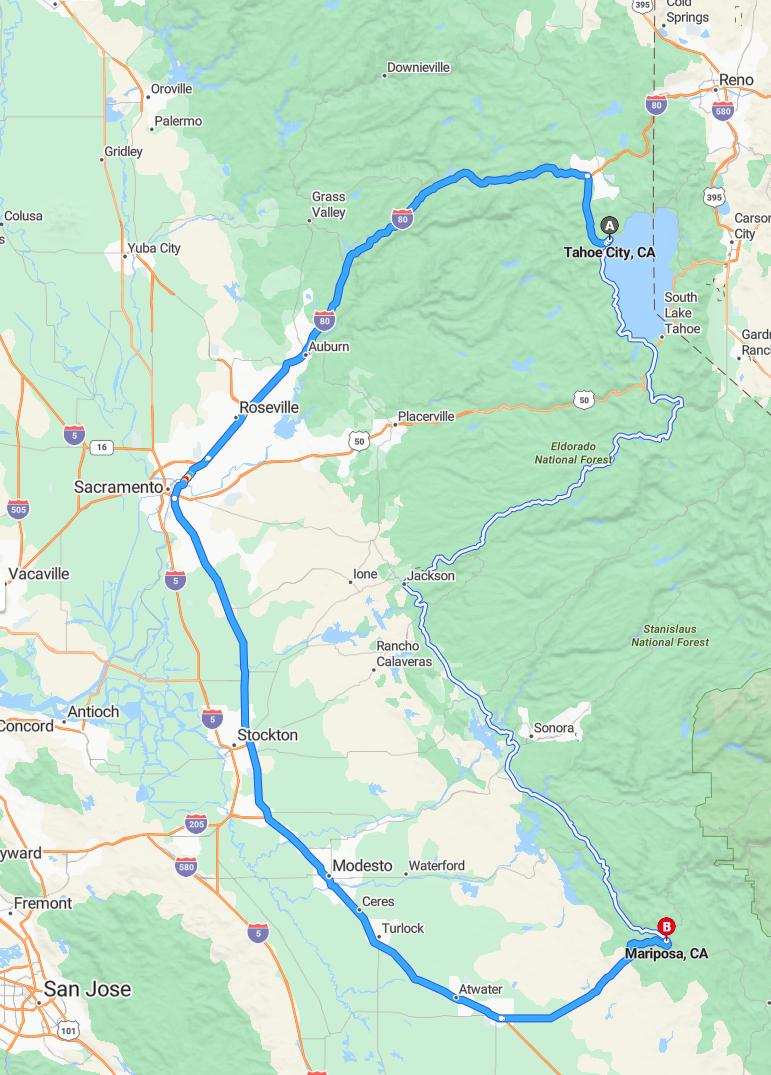 driving from Tahoe, California to MariposaCalifornia - map and route