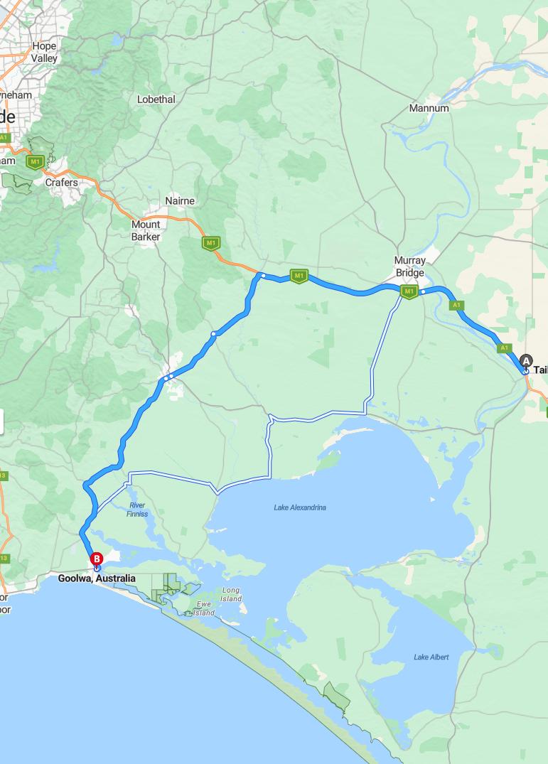 driving from Tailem Bend, South Australia to GoolwaSouth Australia - map and route