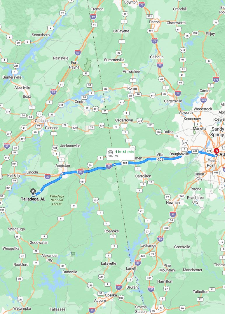 driving from Taladaga, Alabama to AtlantaGeorgia - map and route
