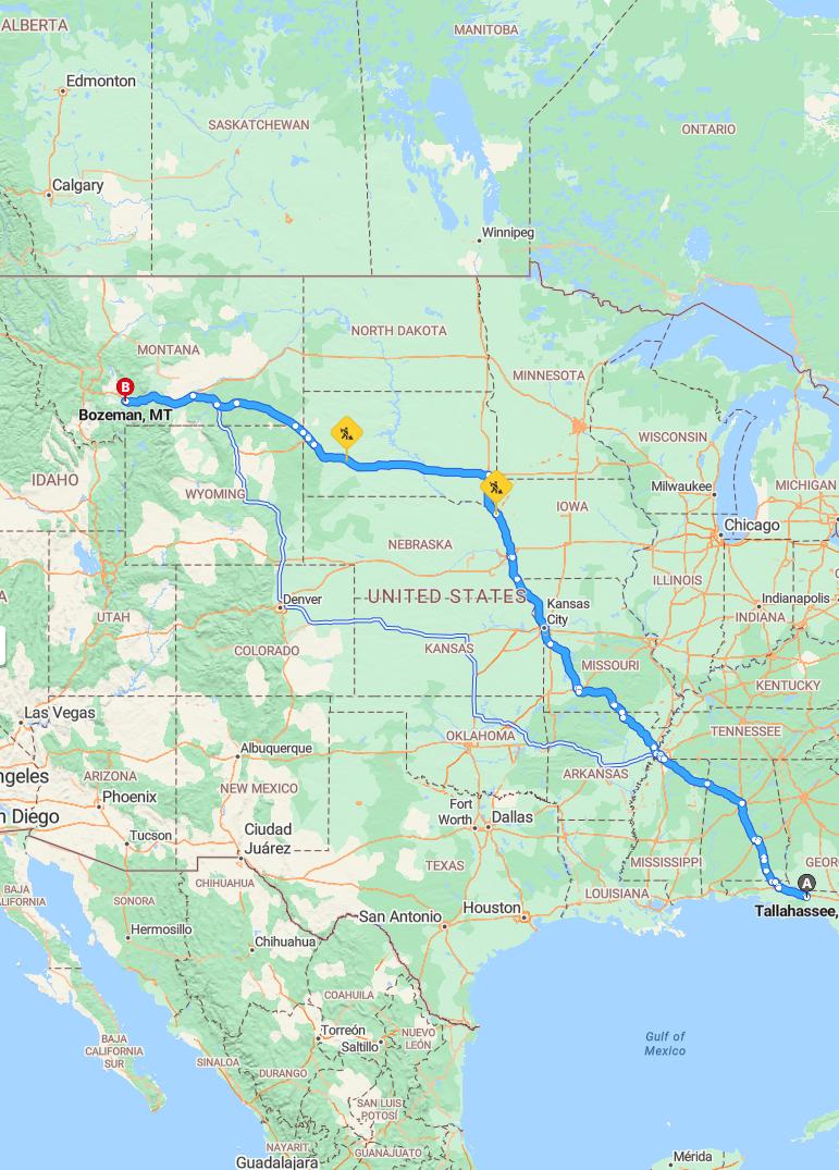 driving from Tallahassee, Florida to BozemanMontana - map and route