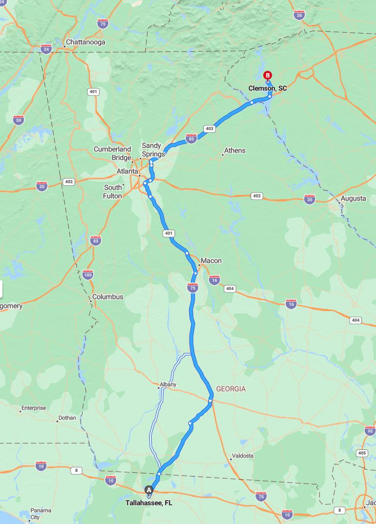 driving from Tallahassee, Florida to ClemsonSouth Carolina - map and route