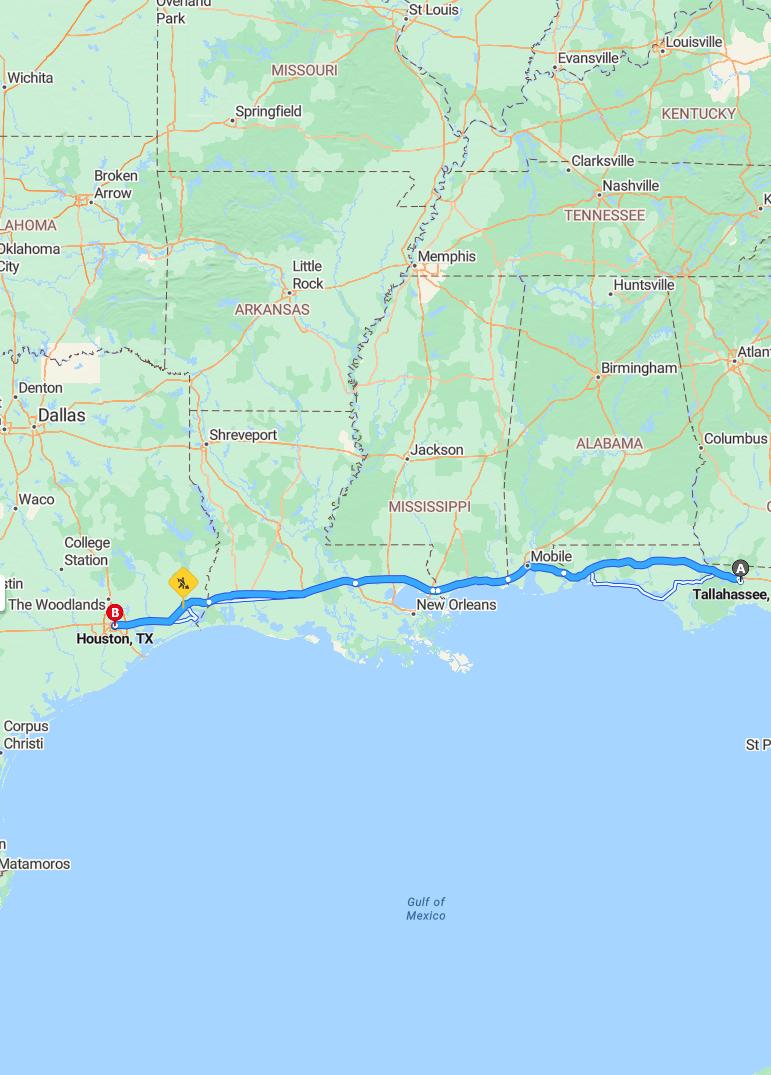 driving from Tallahassee, Florida to HoustonTexas - map and route